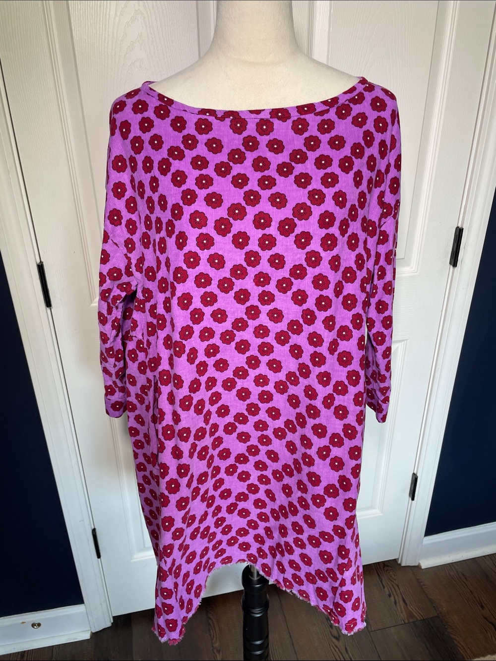 Hand Crafted Red Floral Lavender Boatneck Tunic Mini Dress 3/4 Sleeves Pockets L